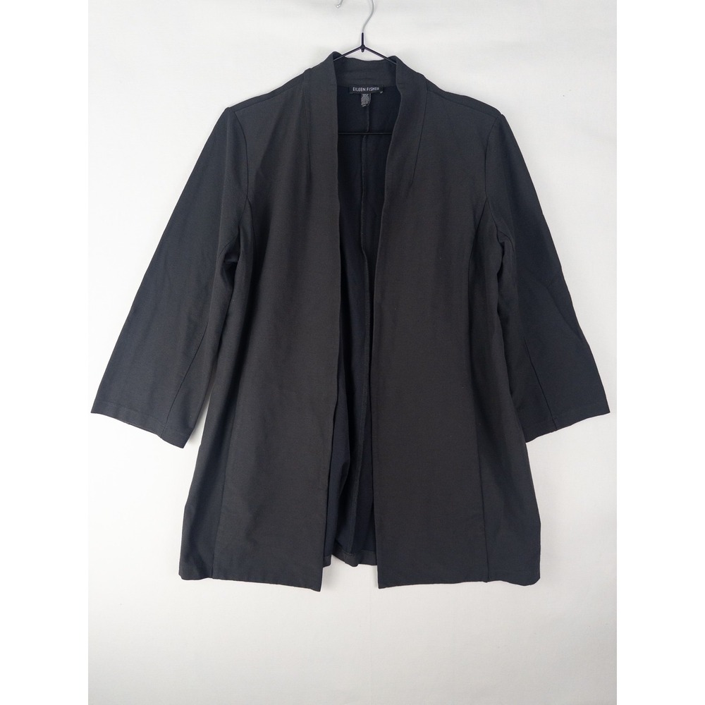 Eileen Fisher Open Front Blazer Jacket Womens S Black 3/4 Sleeve Minimalist Quie